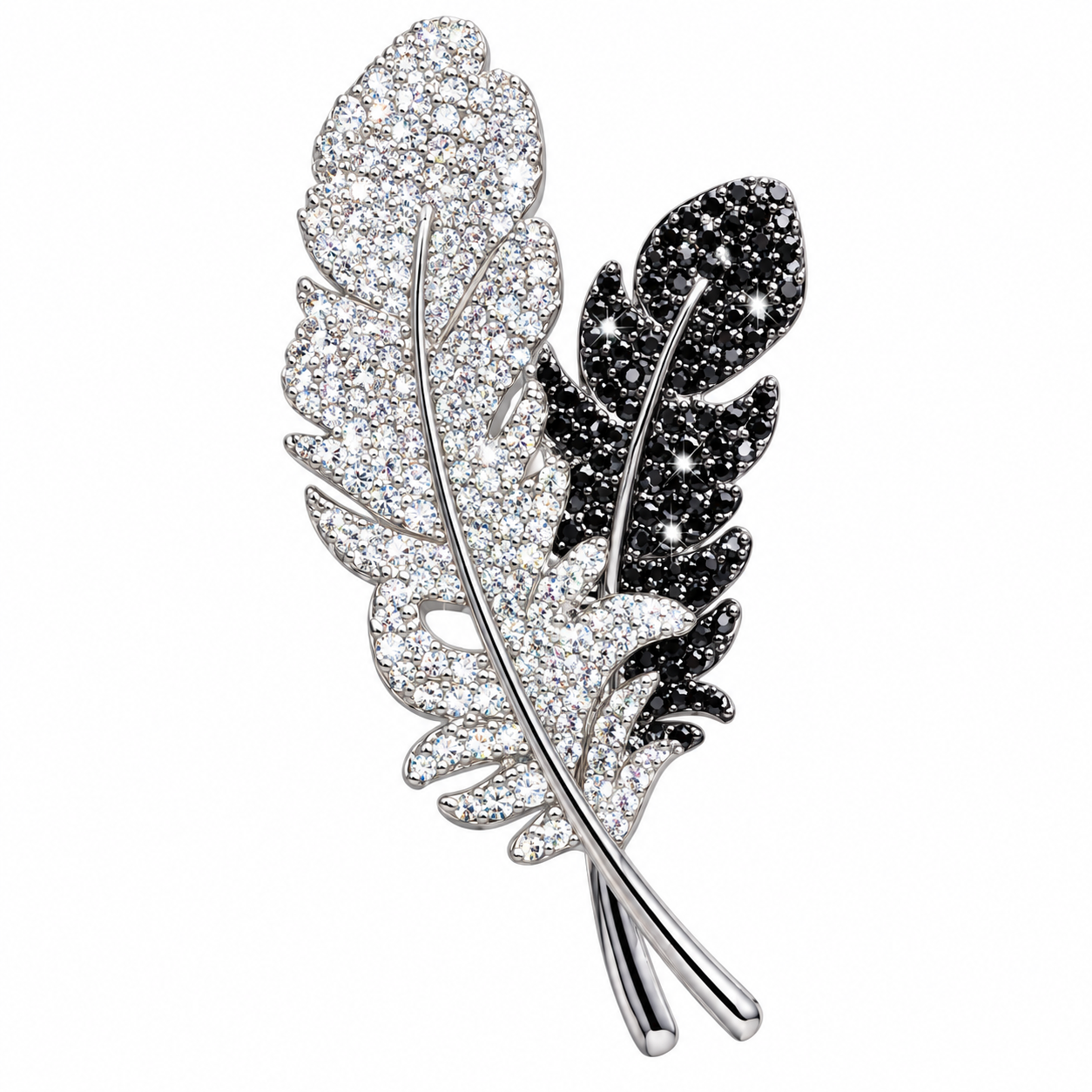 Black and White Rhinestone Feather Brooch for Everyday Styling