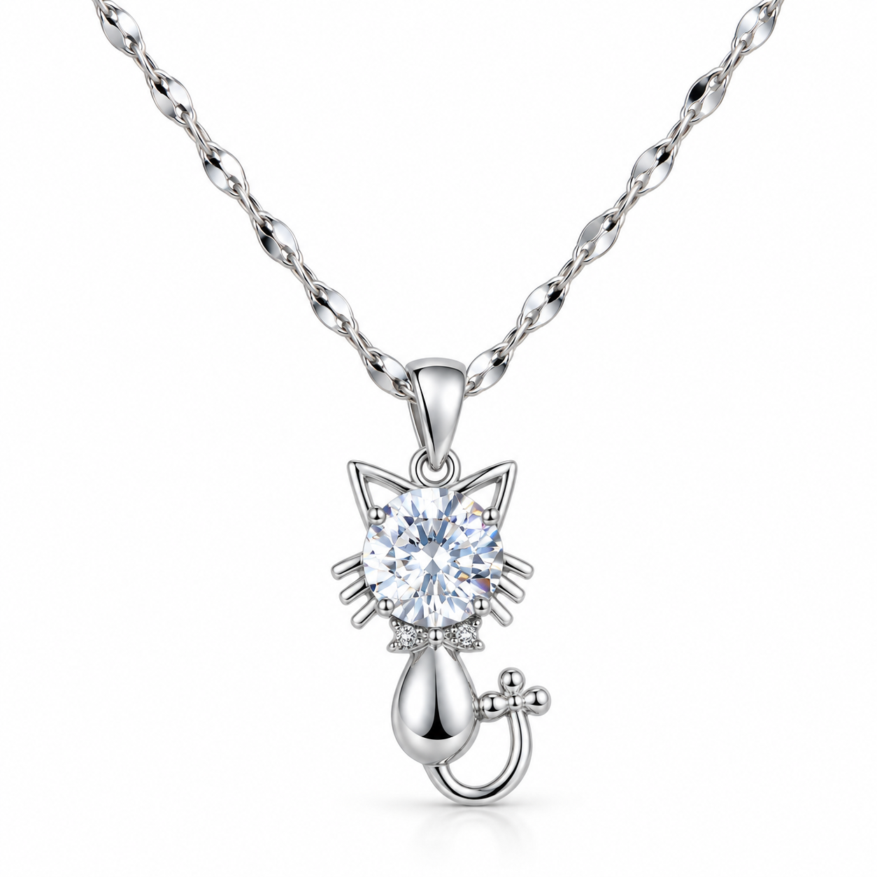 Stainless Steel Cat Pendant Necklace with Zircon Accent