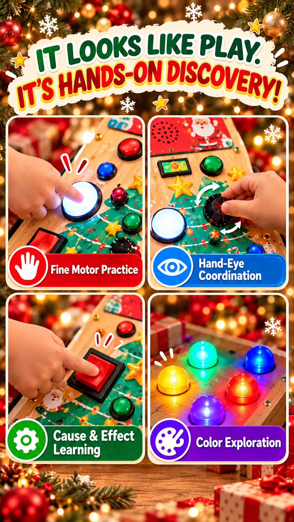 Christmas Wooden LED Busy Board – Interactive Sensory Learning Toy