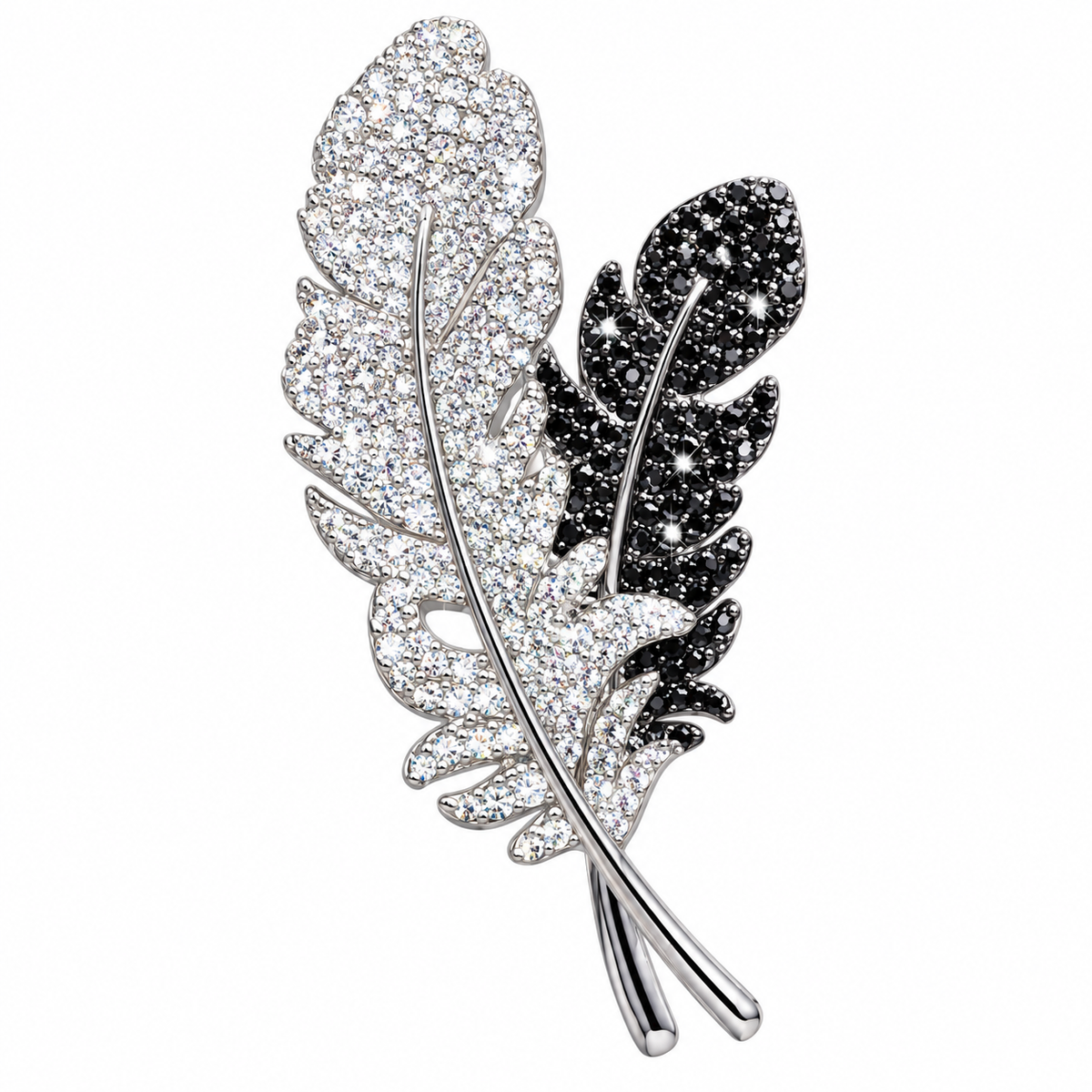 Black and White Rhinestone Feather Brooch for Everyday Styling