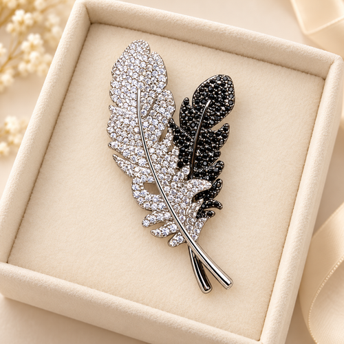 Black and White Rhinestone Feather Brooch for Everyday Styling