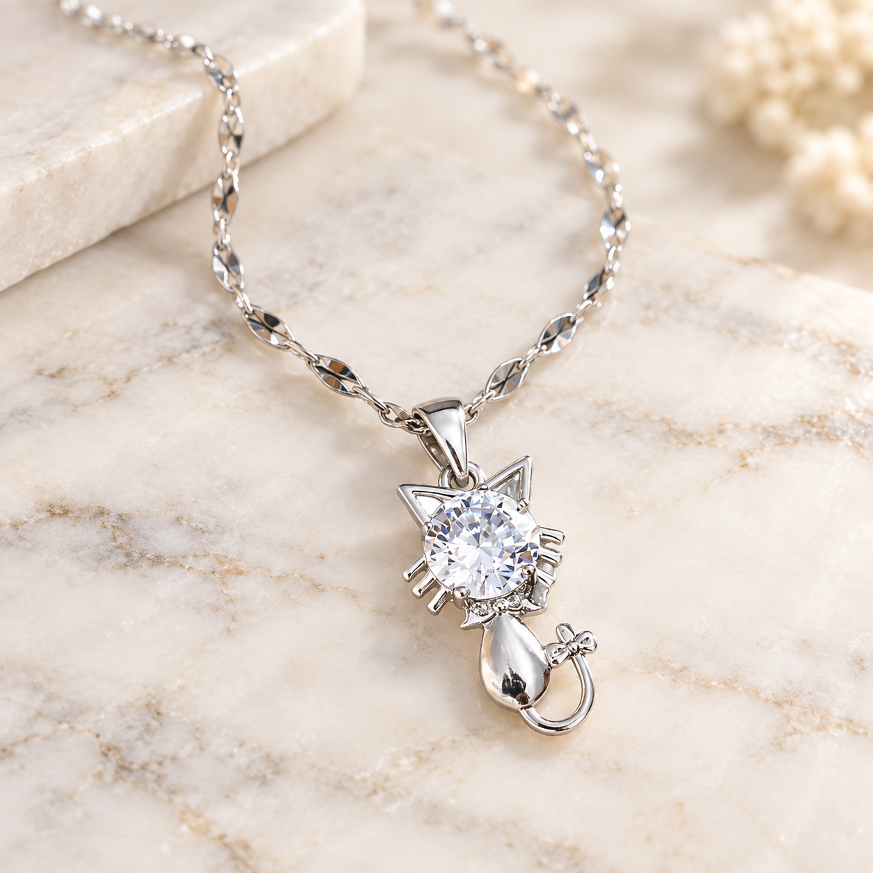 Stainless Steel Cat Pendant Necklace with Zircon Accent