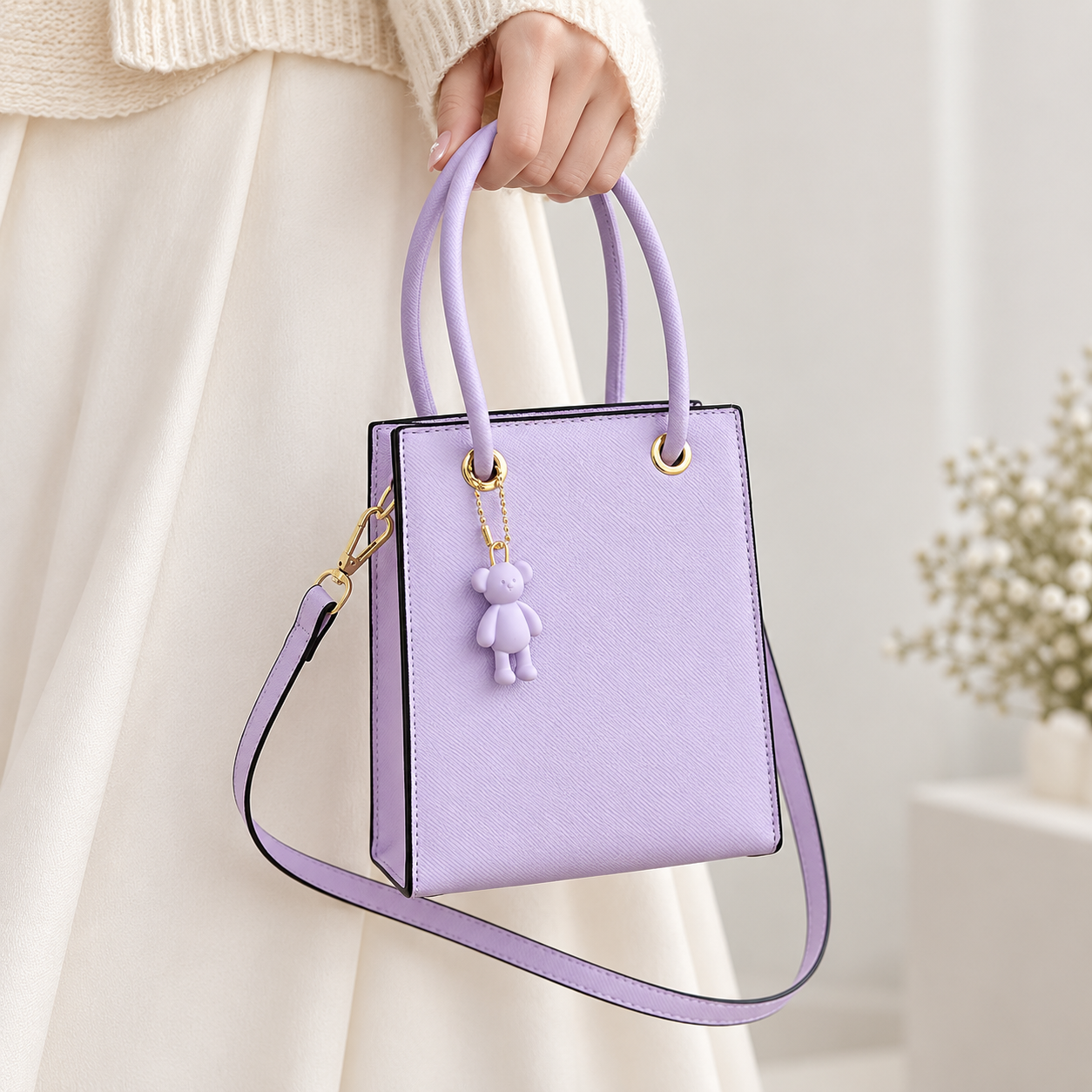 Pastel Lavender Mini Tote Bag with Charm and Shoulder Strap