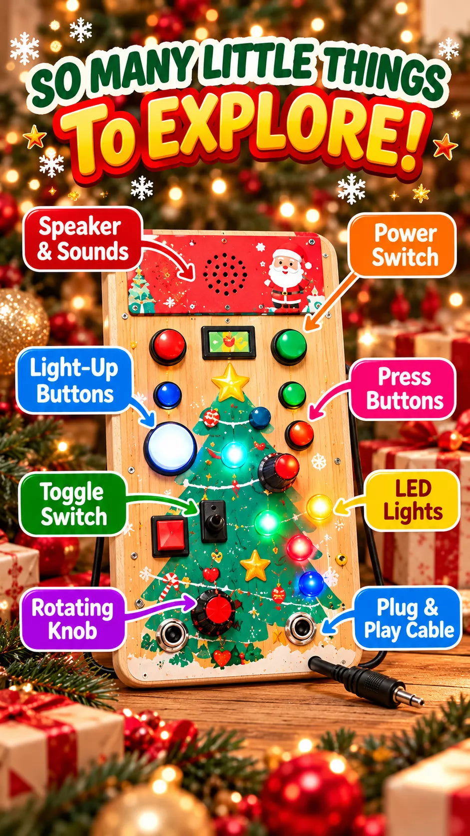Christmas Wooden LED Busy Board – Interactive Sensory Learning Toy