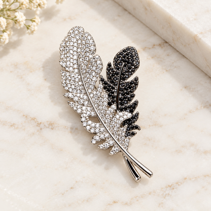 Black and White Rhinestone Feather Brooch for Everyday Styling