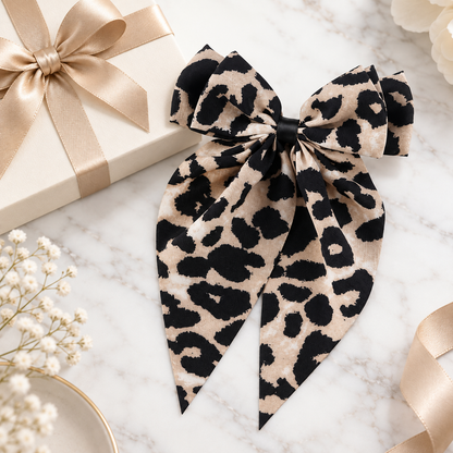 Leopard Print Bow Hair Clip with Ribbon Tails