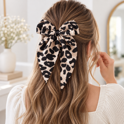Leopard Print Bow Hair Clip with Ribbon Tails
