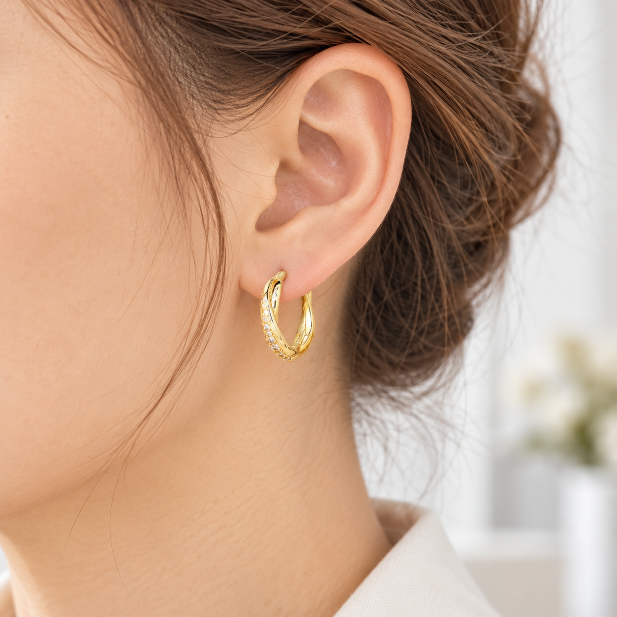 Gold Hoop Earrings with Clear Stones