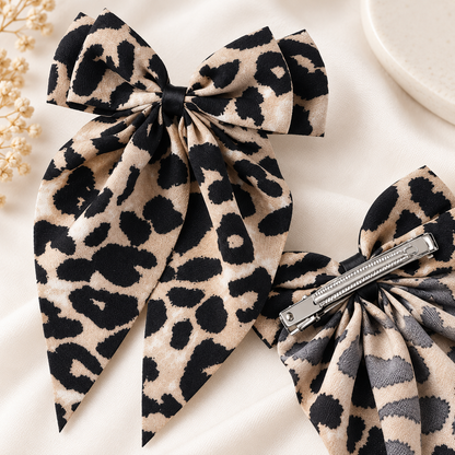 Leopard Print Bow Hair Clip with Ribbon Tails