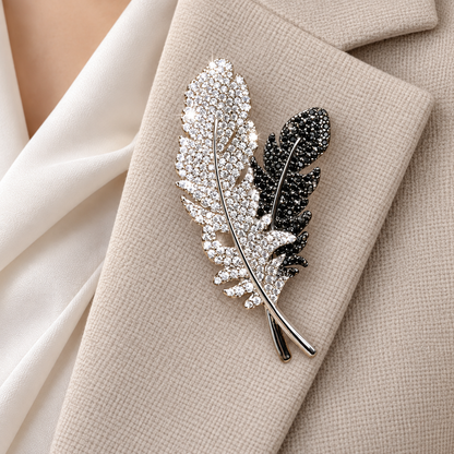 Black and White Rhinestone Feather Brooch for Everyday Styling