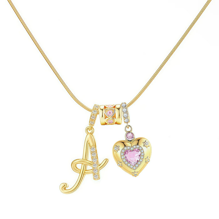 Initial Letter &amp; Pink Heart Charm Necklace
