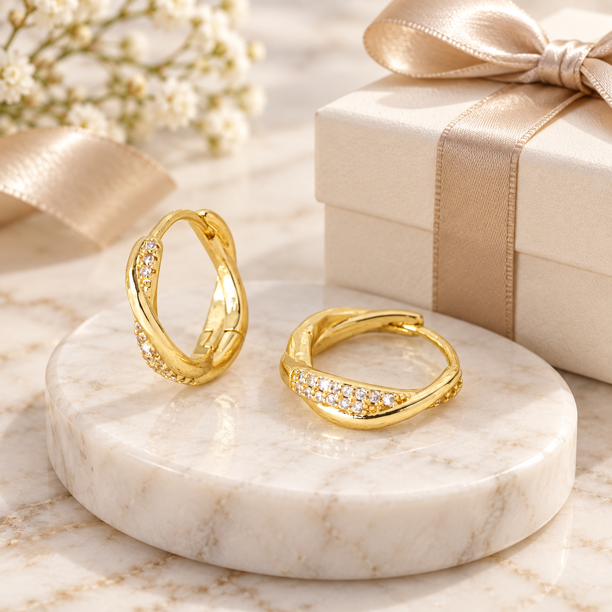 Gold Hoop Earrings with Clear Stones