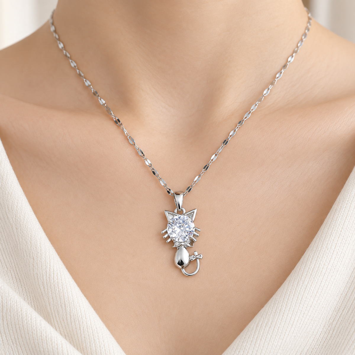 Stainless Steel Cat Pendant Necklace with Zircon Accent