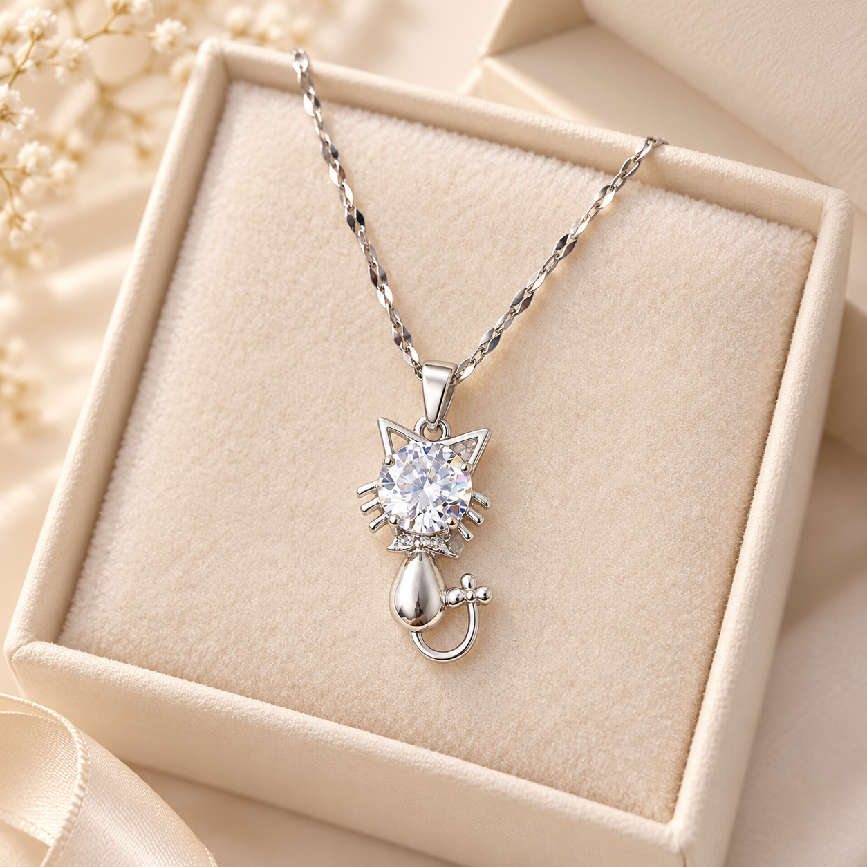 Stainless Steel Cat Pendant Necklace with Zircon Accent