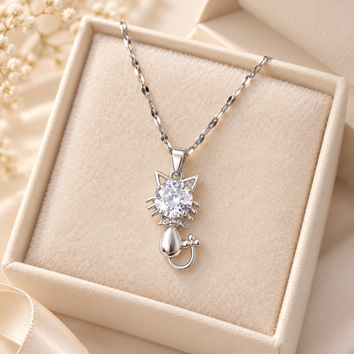 Stainless Steel Cat Pendant Necklace with Zircon Accent