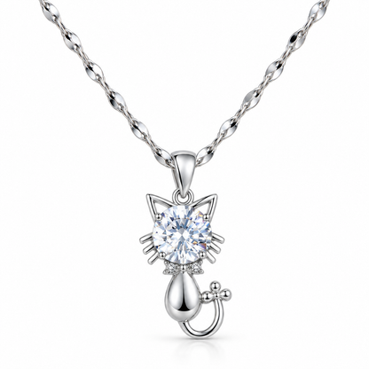 Stainless Steel Cat Pendant Necklace with Zircon Accent