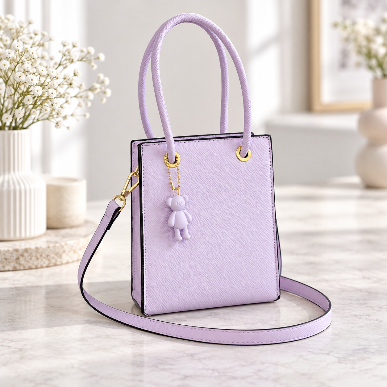 Pastel Lavender Mini Tote Bag with Charm and Shoulder Strap