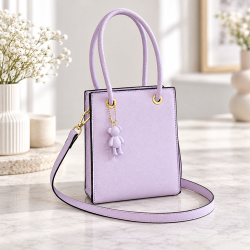 Pastel Lavender Mini Tote Bag with Charm and Shoulder Strap